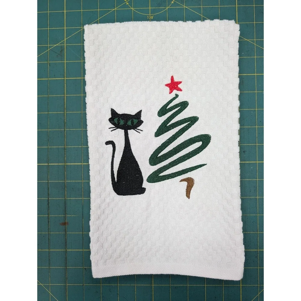 Christmas Swirl Tree Retro Cat Mid Century Modern Atomic Kitchen Bath Hand Towel